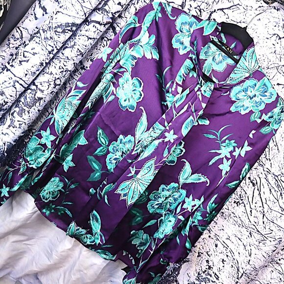 FLORAL TIE NECK BLOUSE XS Iman Purple Aqua Grape Blue Office Work Spring Satin - Picture 1 of 8